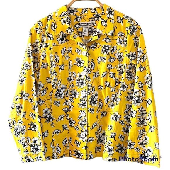 Denim Jacket Women’s size MEDIUM Yellow Black & White Floral Button Up - Picture 4 of 4